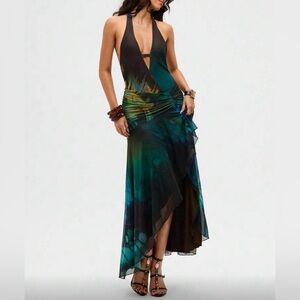 Windsor Teal, Blue and Black High-Low Halter Dress